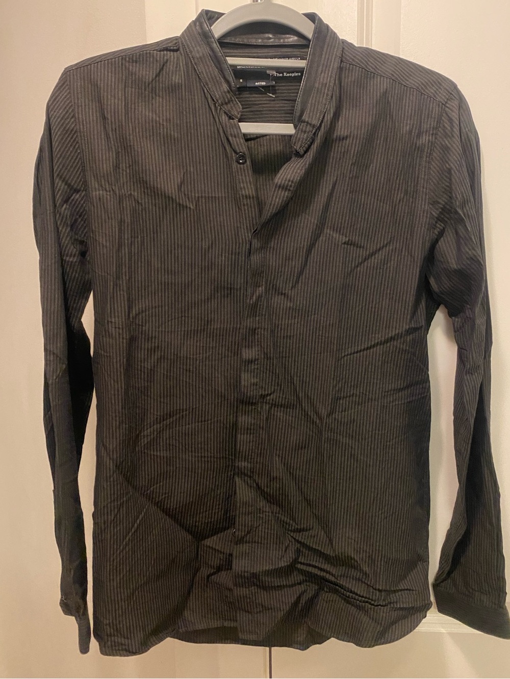 The Kooples Black Pinstripe Stand-Collar Dress Shirt with Leather Collar Detail